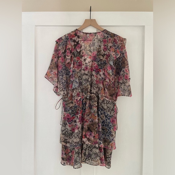 ZARA Floral Printed V-Neck Ruffle Detail Flutter Sleeve Tie Mini Dress Size S - Picture 7 of 13